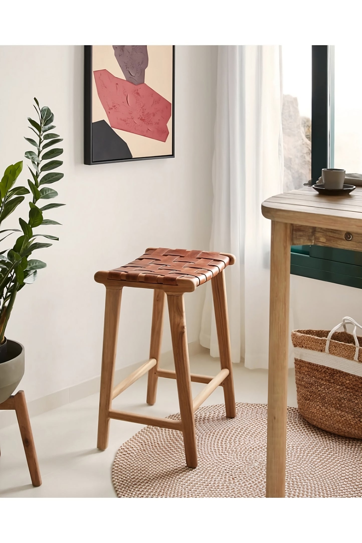 Braided Leather High Stool | La Forma Calixta