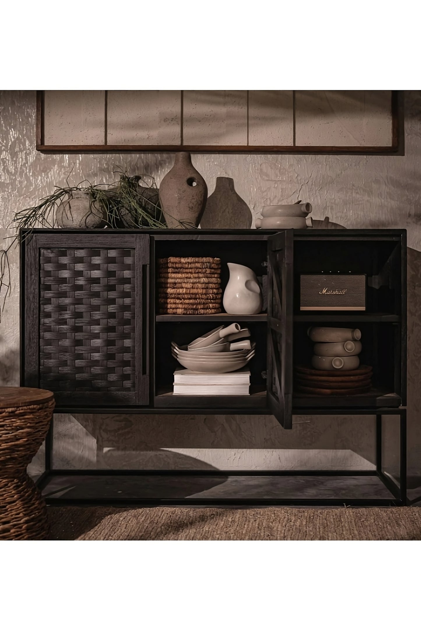 Black Woven Rattan 2-Door High Dresser | dBodhi Karma